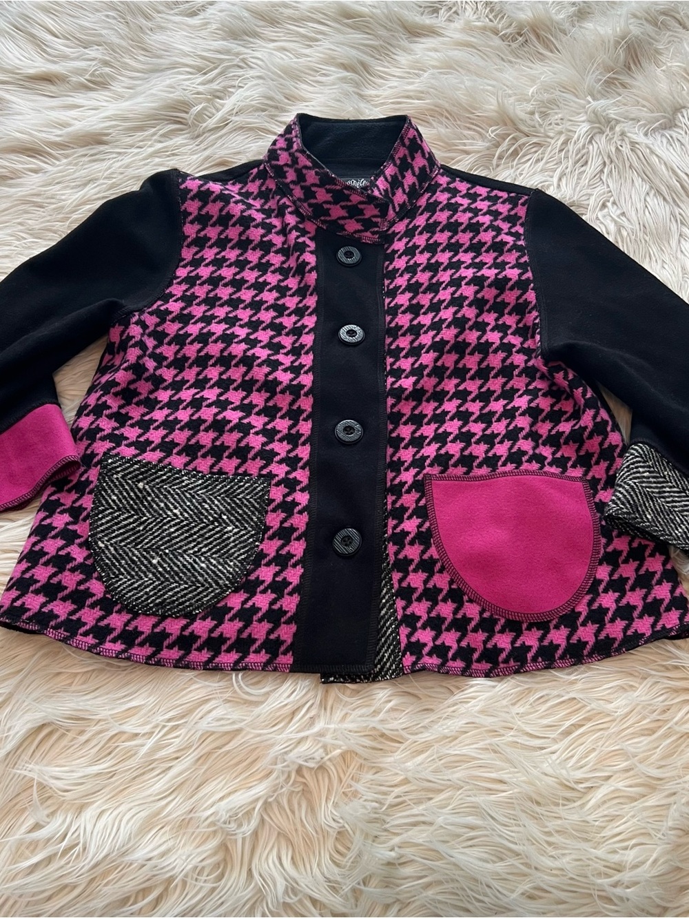 Cameleon Jacket Wool Blend  Patchwork Houndstooth Pockets Button Up Women’s S
